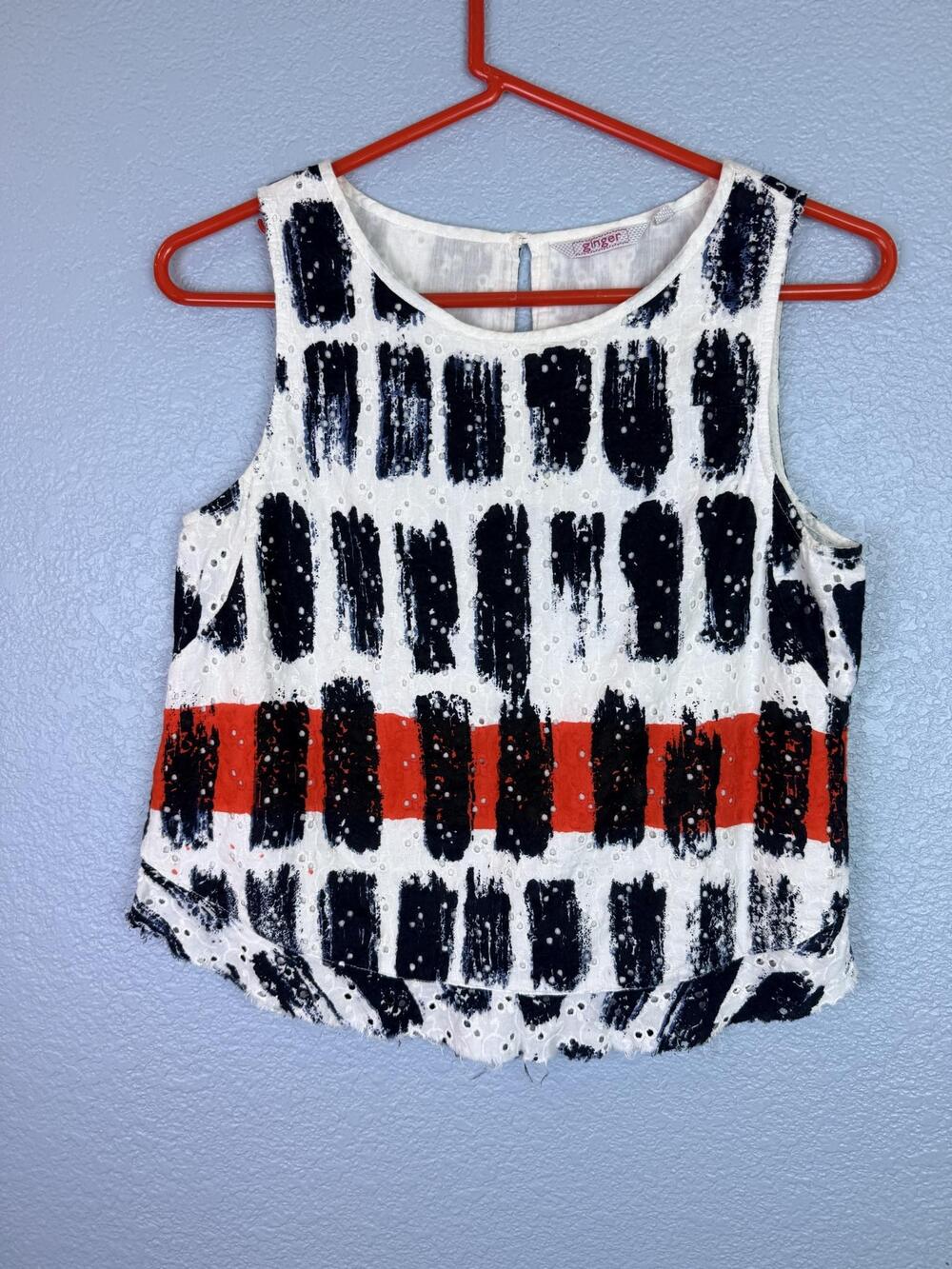 Ginger Blouse Womens Medium Multicolor Brushstroke Eyelet Sleeveless Cotton Top